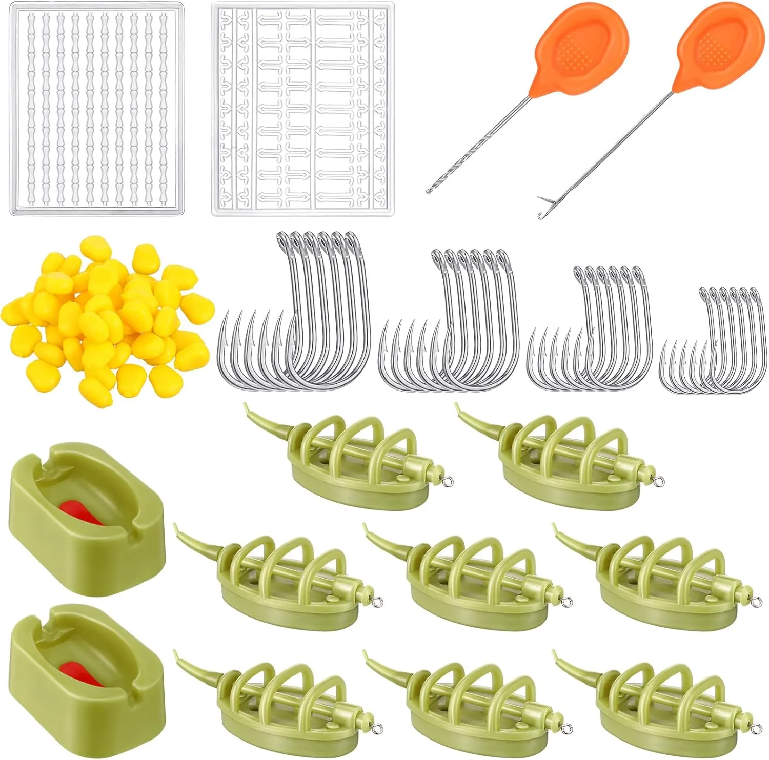 88 Pcs Carp Fishing Hair Rigs Kit Includes 24 Curved Barbed Carp Hook 50 Fake Corn Lures 2 Line Bait Stopper 2 Needle 8 Inline Method Feeders 2 Quick Release Mold Fishing Accessories