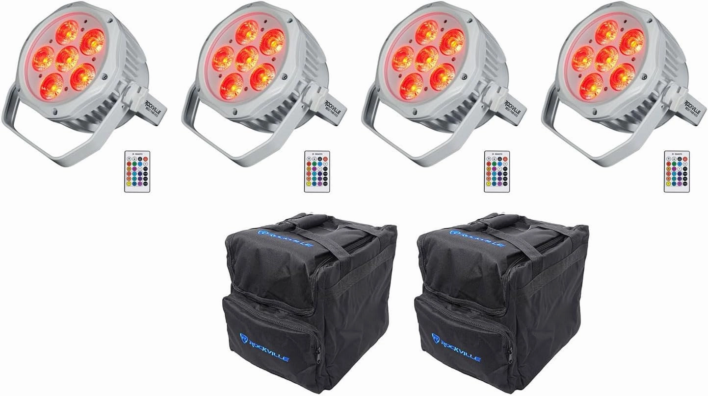 (4) Rockville Best PAR H2O White Water Resistant Indoor/Outdoor Battery DJ Par Light Bundle with Rockville RLB40 Padded Travel Bag