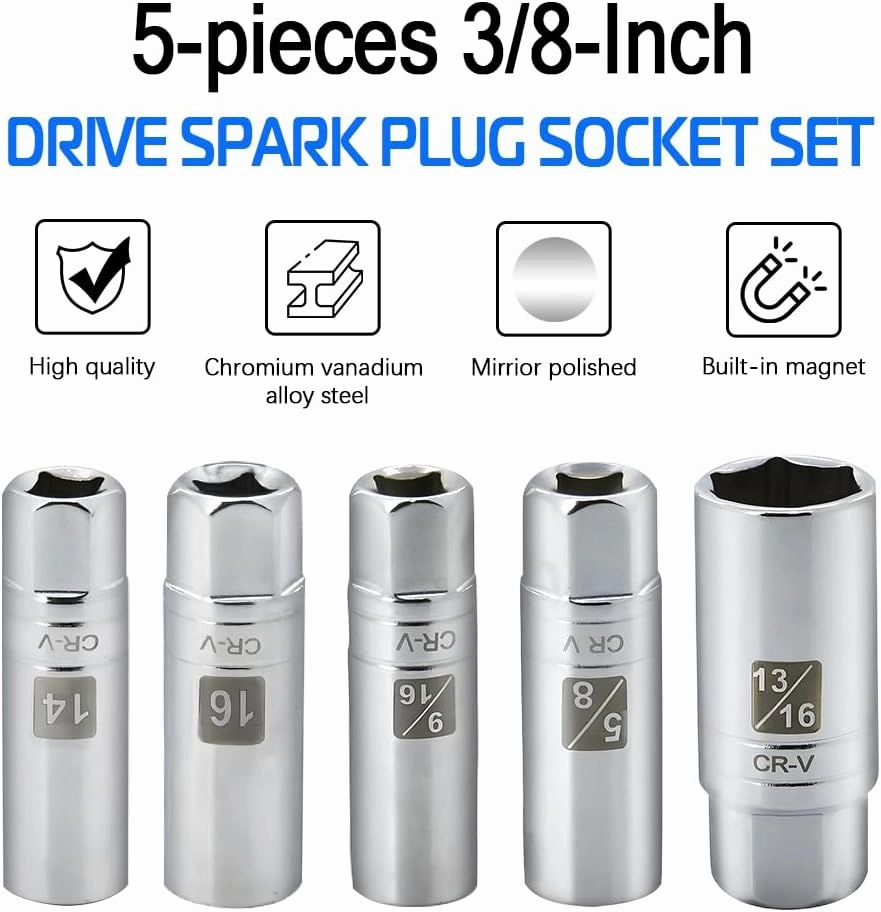 A ABIGAIL 5PCS Magnetic Spark Plug Socket Set Includes 14mm 16mm Thin Wall Socket and 9/16-inch 5/8-inch and 13/16-inch Sockets 3/8-inch Drive Magnet Retains Spark Plugs