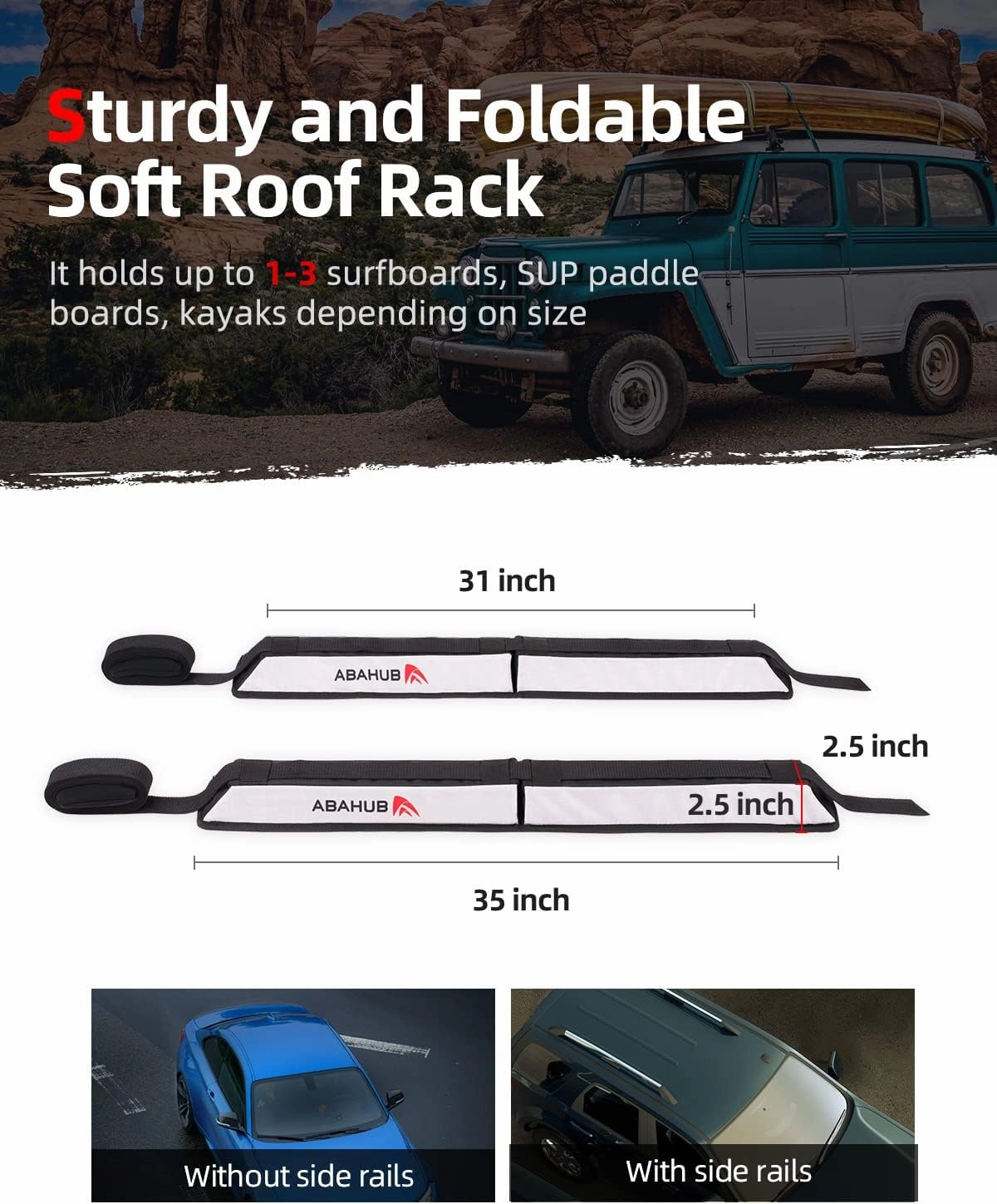 Abahub Soft Roof Rack Pads for Surfboard, SUP, Kayak, Canoe, Heavy Duty Universal Car Roof Racks System for Padle Boards, Compatible with SUVs, Sedans, Hatchbacks, 2-Door or 4-Door Cars