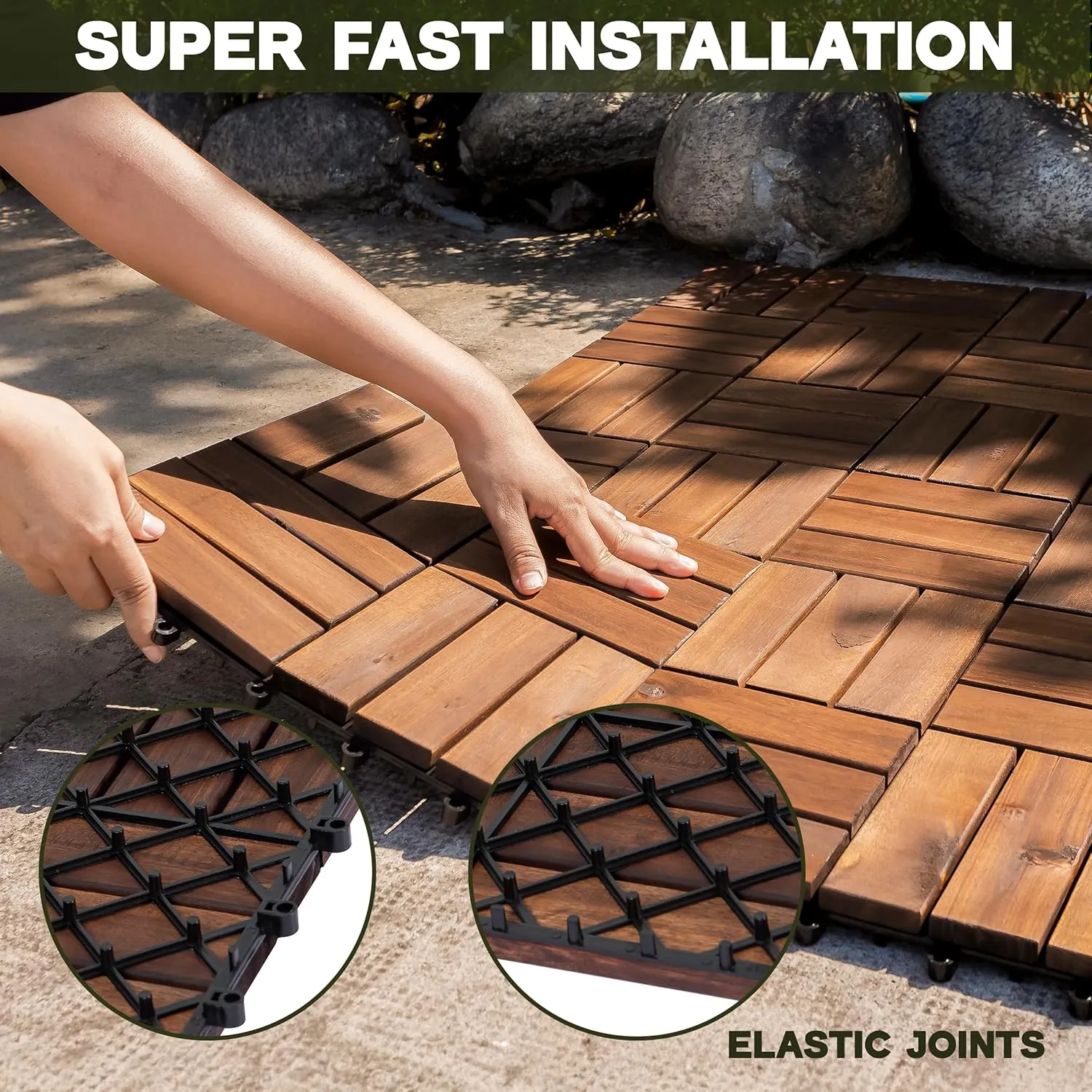 Acacia Wood Patio Deck Tiles-9 Pcs 12 Slats Interlocking Decking Tiles for Patio Decor, Waterproof Indoor & Outdoor Use, Balcony Garden Decking Tile (11.81x11.81x0.94 inches) Brown