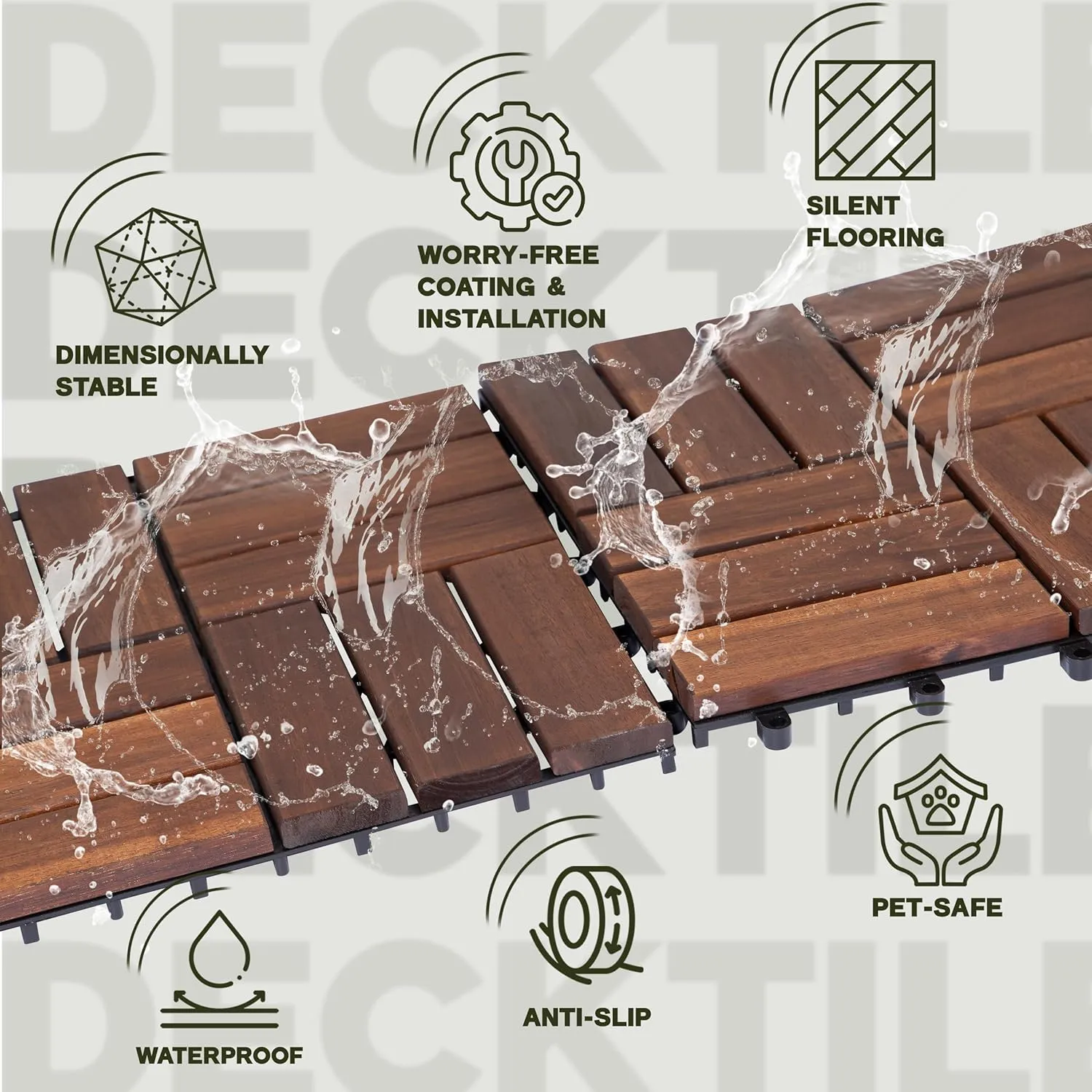 Acacia Wood Patio Deck Tiles-9 Pcs 12 Slats Interlocking Decking Tiles for Patio Decor, Waterproof Indoor & Outdoor Use, Balcony Garden Decking Tile (11.81x11.81x0.94 inches) Brown