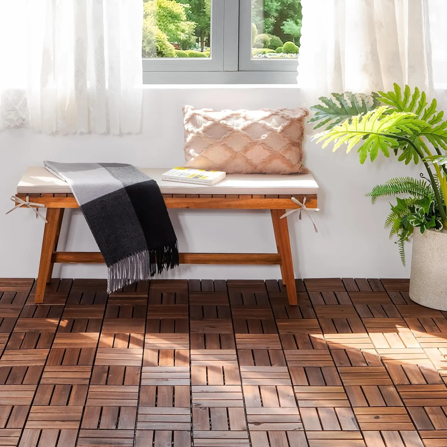 Acacia Wood Patio Deck Tiles-9 Pcs 12 Slats Interlocking Decking Tiles for Patio Decor, Waterproof Indoor & Outdoor Use, Balcony Garden Decking Tile (11.81x11.81x0.94 inches) Brown