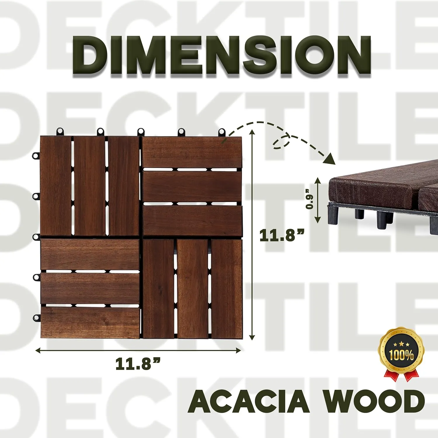 Acacia Wood Patio Deck Tiles-9 Pcs 12 Slats Interlocking Decking Tiles for Patio Decor, Waterproof Indoor & Outdoor Use, Balcony Garden Decking Tile (11.81x11.81x0.94 inches) Brown