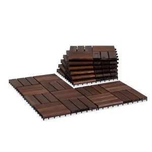 Acacia Wood Patio Deck Tiles-9 Pcs 12 Slats Interlocking Decking Tiles for Patio Decor, Waterproof Indoor & Outdoor Use, Balcony Garden Decking Tile (11.81x11.81x0.94 inches) Brown