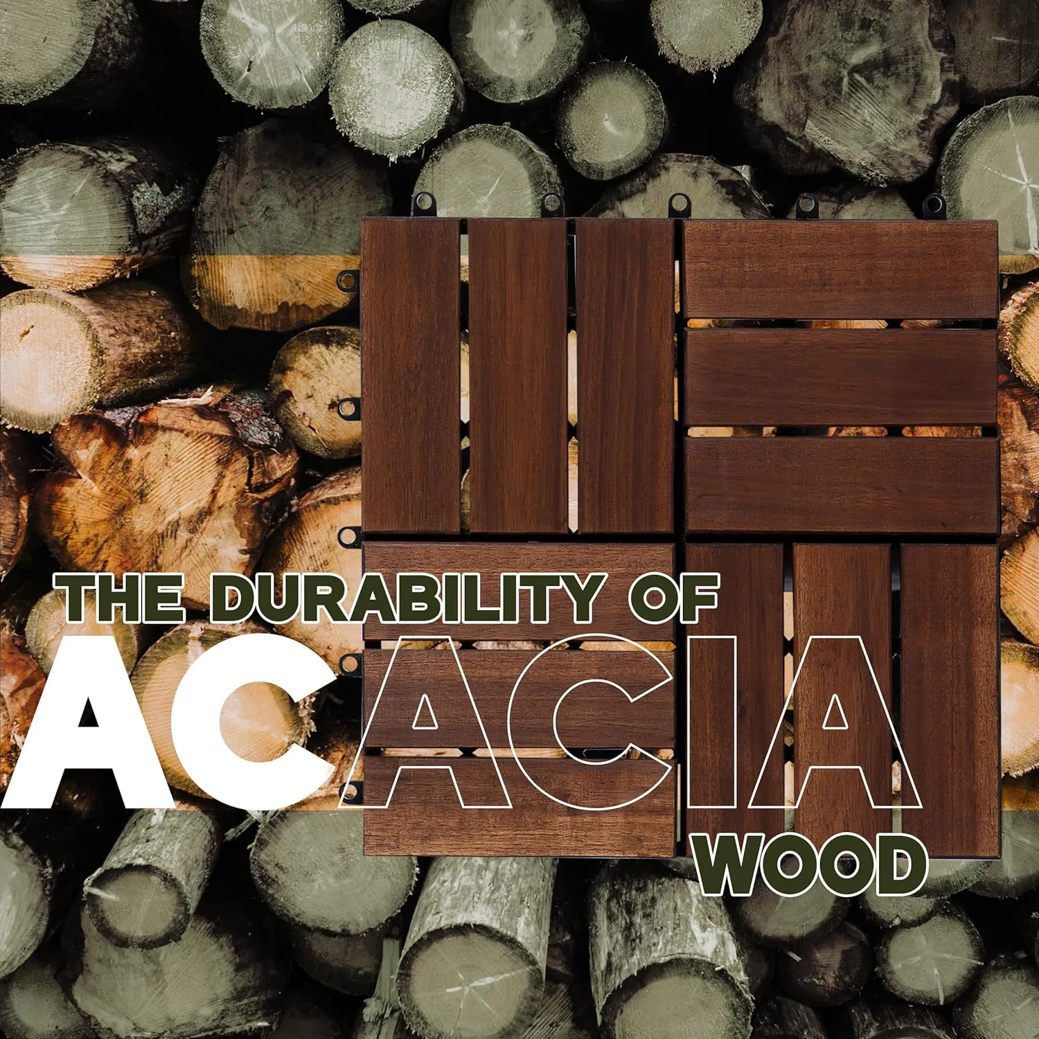 Acacia Wood Patio Deck Tiles-9 Pcs 12 Slats Interlocking Decking Tiles for Patio Decor, Waterproof Indoor & Outdoor Use, Balcony Garden Decking Tile (11.81x11.81x0.94 inches) Brown