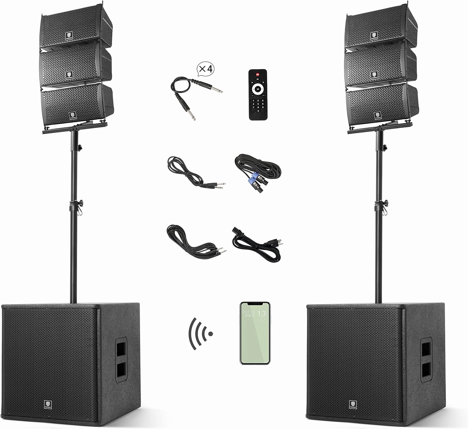 ACHEE 18INCH 8000W P.M.P.O Stereo Bluetooth/DJ/Powered PA Speaker System Combo Set with Two Subwoofers and 6 Line Array Speakers with USB Drive Read/SD Card/Remote Control for Party,Live,Performance