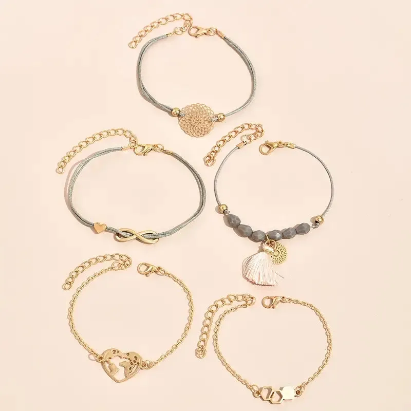Adjustable Charm Pendent Stack Bracelets Heart Shape & Flower Shape