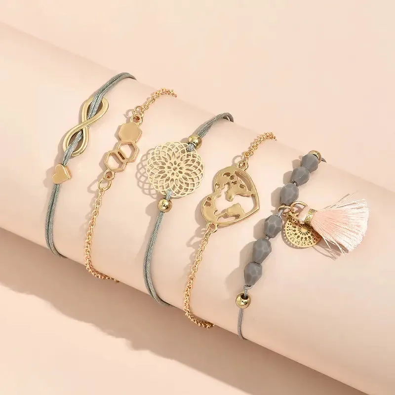 Adjustable Charm Pendent Stack Bracelets Heart Shape & Flower Shape