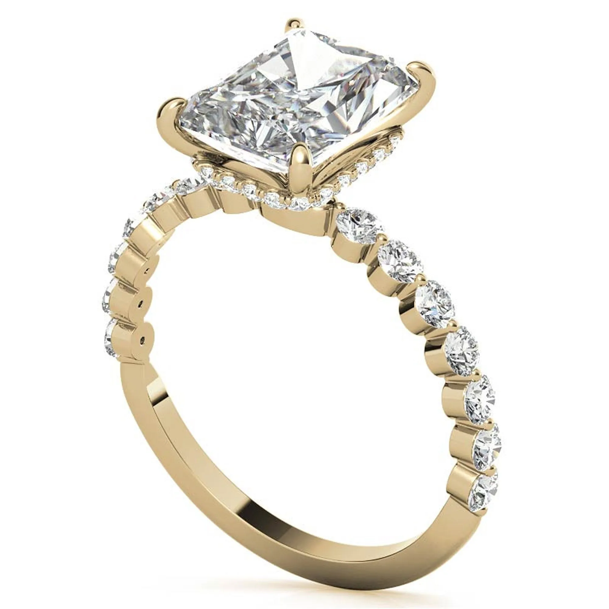 Adjustable Sterling Silver Elegant Yellow Gold Radiant Cut Stone & Pave Accents Ring For Women