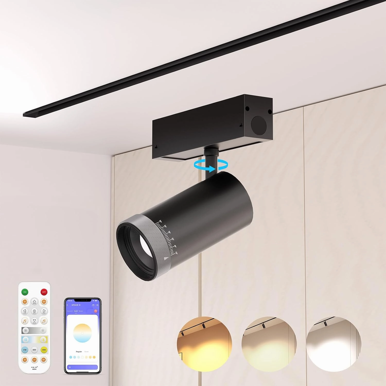Adjustable Focus Spotlight, 18W Magnetic Track Light Head, 24V LED Lamp, Rotatable Spotlight, Smart Control via App, Remote & Voice, Dimmable & CCT 2700K-6000K, Beam Angle 20°-45°