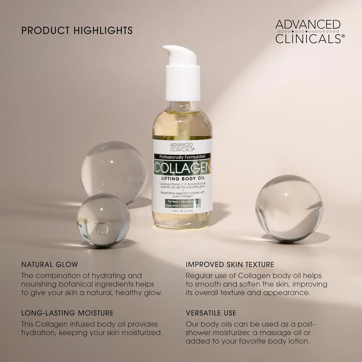 Advanced Clinicals Unscented Collagen Cream Face Moisturizer & Body Lotion   Collagen Body Oil Skincare 2pc Set For Women & Men Helps Reduce Appearance Of Crepey Skin, Wrinkles, & Dry Skin, 2PC Set