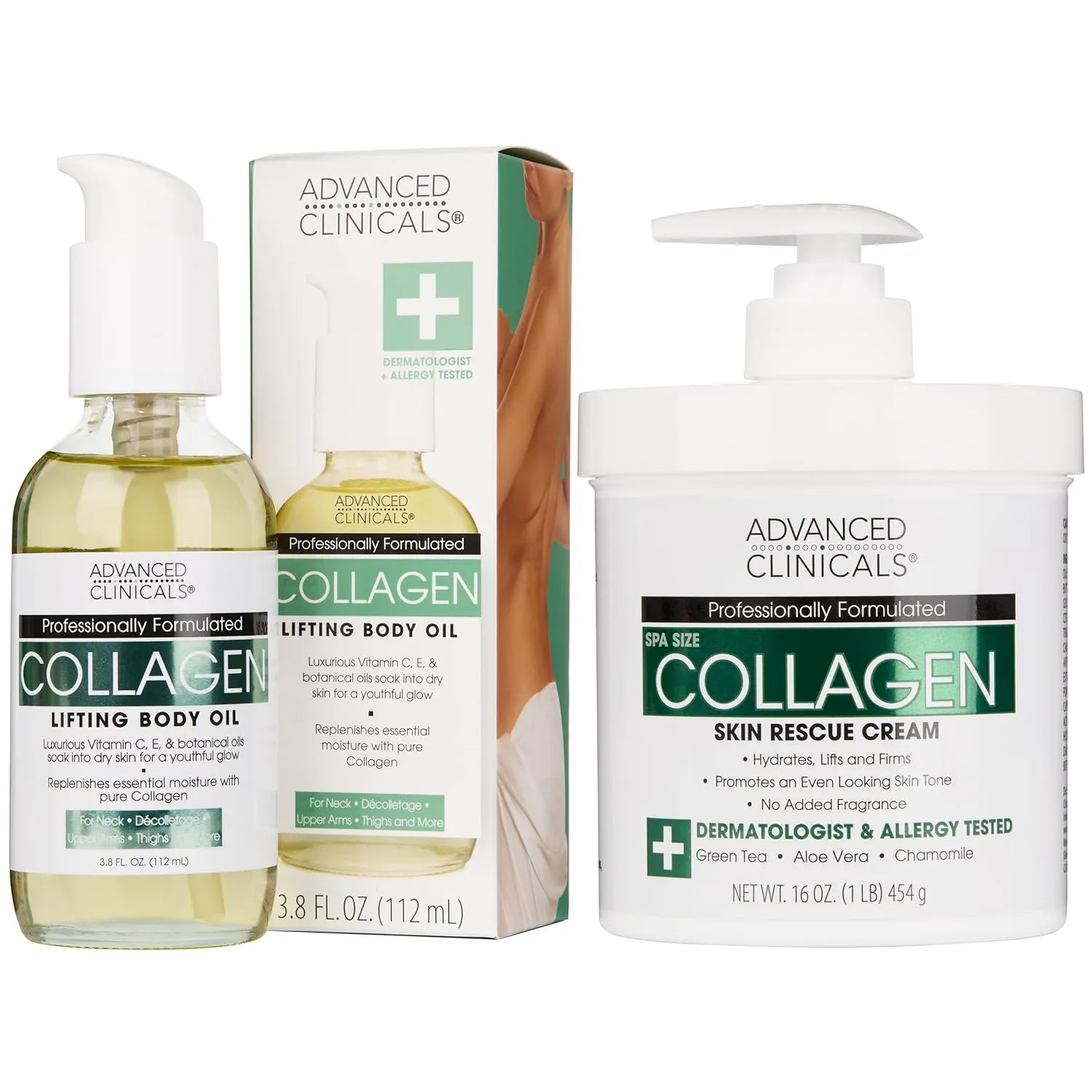 Advanced Clinicals Unscented Collagen Cream Face Moisturizer & Body Lotion   Collagen Body Oil Skincare 2pc Set For Women & Men Helps Reduce Appearance Of Crepey Skin, Wrinkles, & Dry Skin, 2PC Set