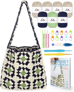 Aeelike Crochet Bag Kit for Beginners Adults, Learn to Make Granny Square Bag, Starter Kit with Yarns, Hooks, Step-by-Step Instructions - Beige, Green, Dark Blue