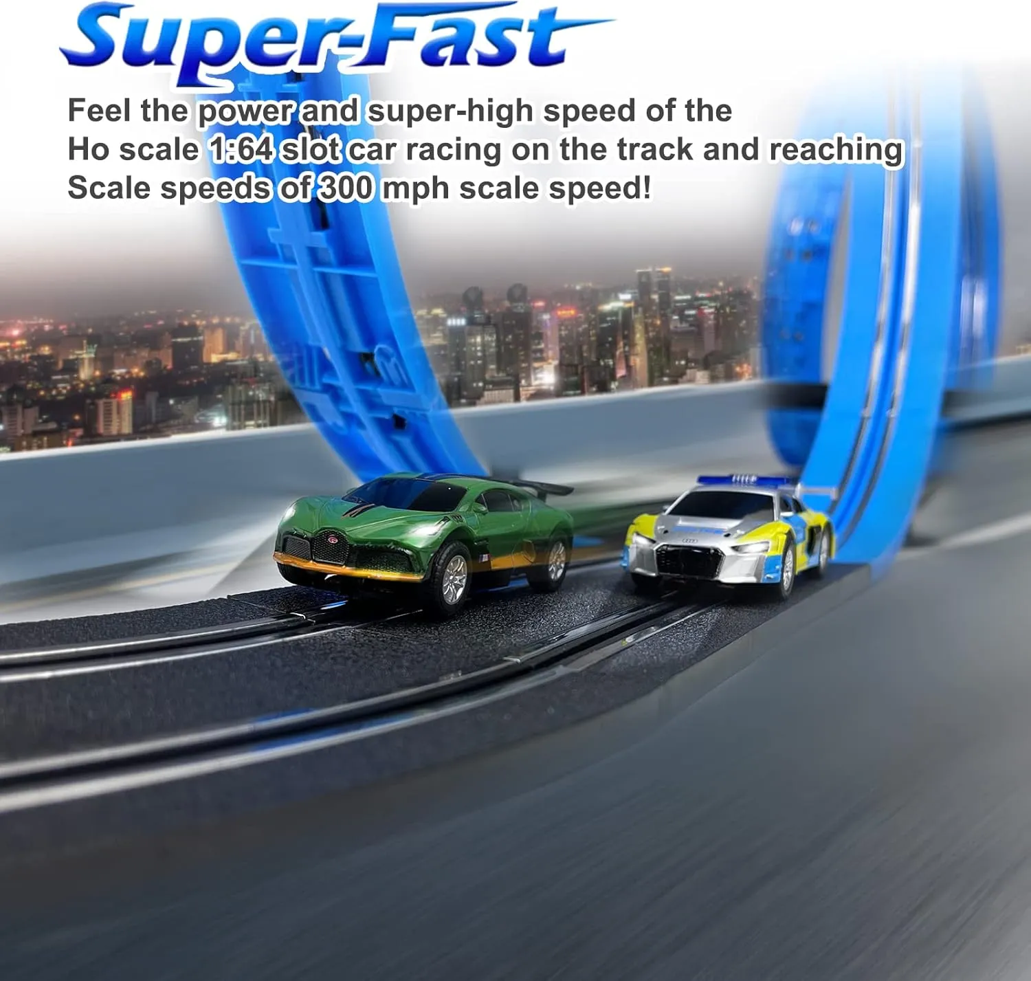 AGM MASTECH Slot Car Race Track Set, High Speed Series Tram Dual Track Set with 4 Licensed Racing Slot Cars, 2 Hand Controls, Track Parts and Lap Counter, 5.7M Long Track, Black