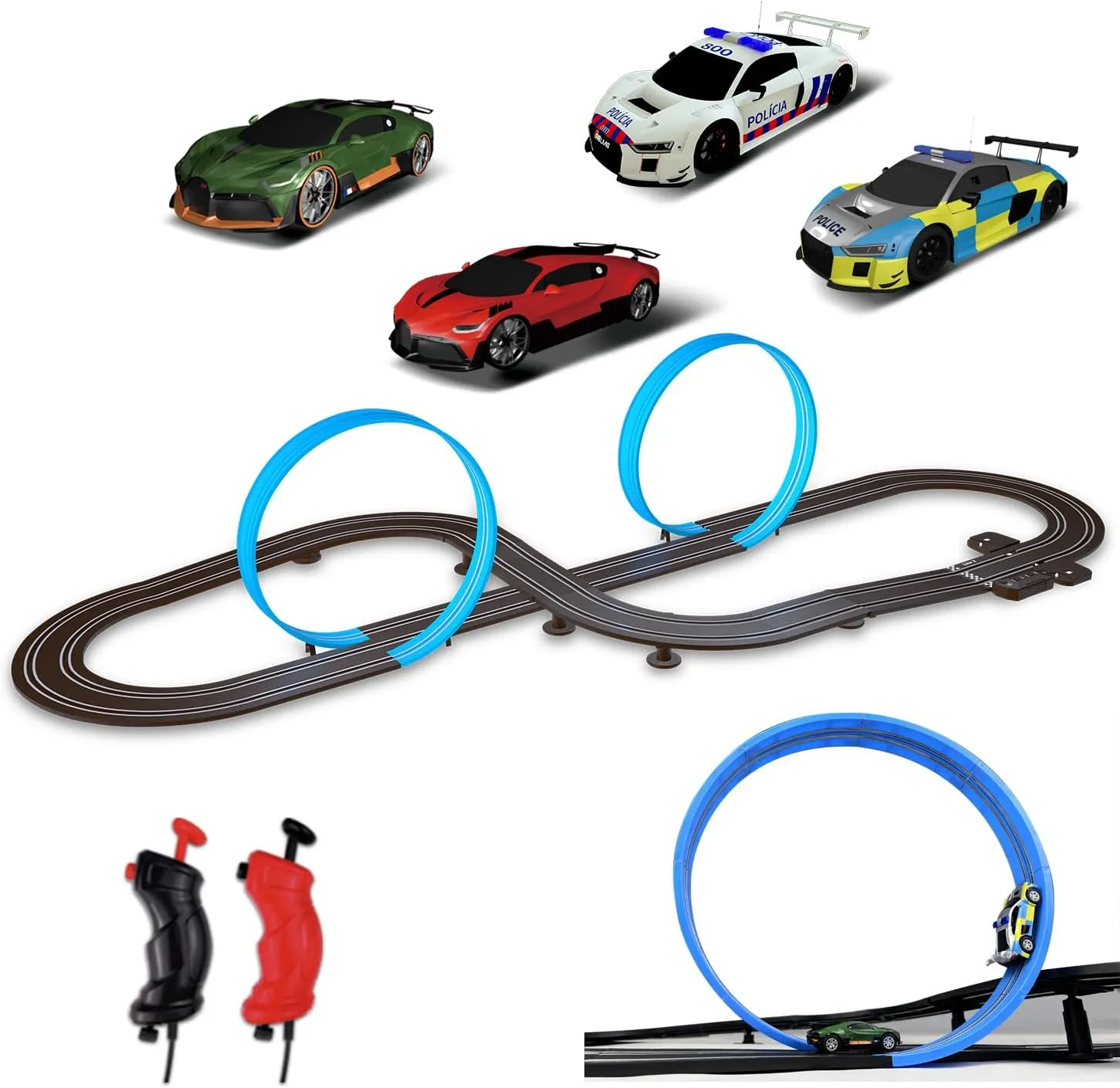 AGM MASTECH Slot Car Race Track Set, High Speed Series Tram Dual Track Set with 4 Licensed Racing Slot Cars, 2 Hand Controls, Track Parts and Lap Counter, 5.7M Long Track, Black
