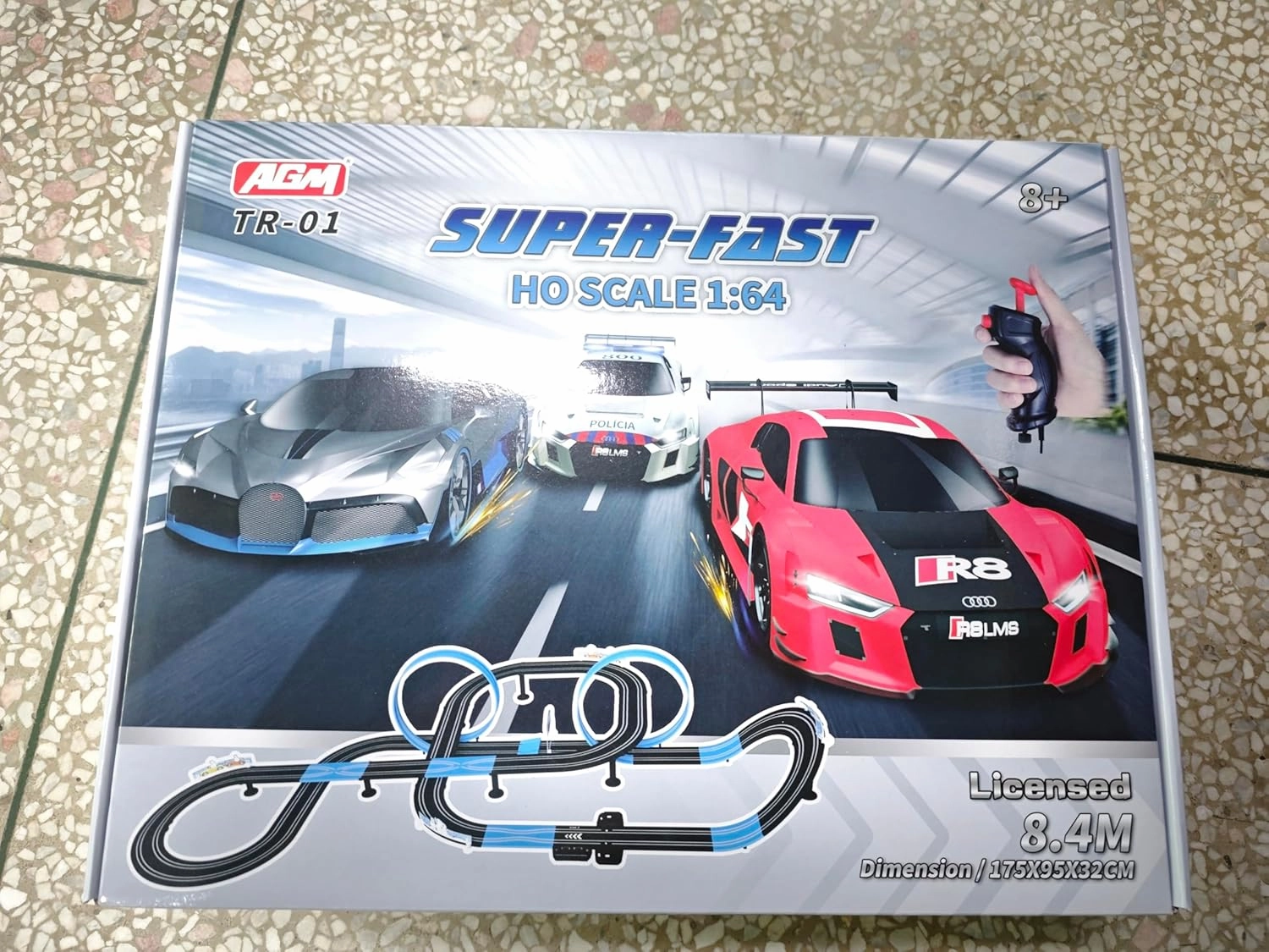 AGM MASTECH Slot Car Race Track Set, High Speed Series Tram Dual Track Set with 4 Licensed Racing Slot Cars, 2 Hand Controls, Track Parts and Lap Counter, 8.4M Long Track, Color Box