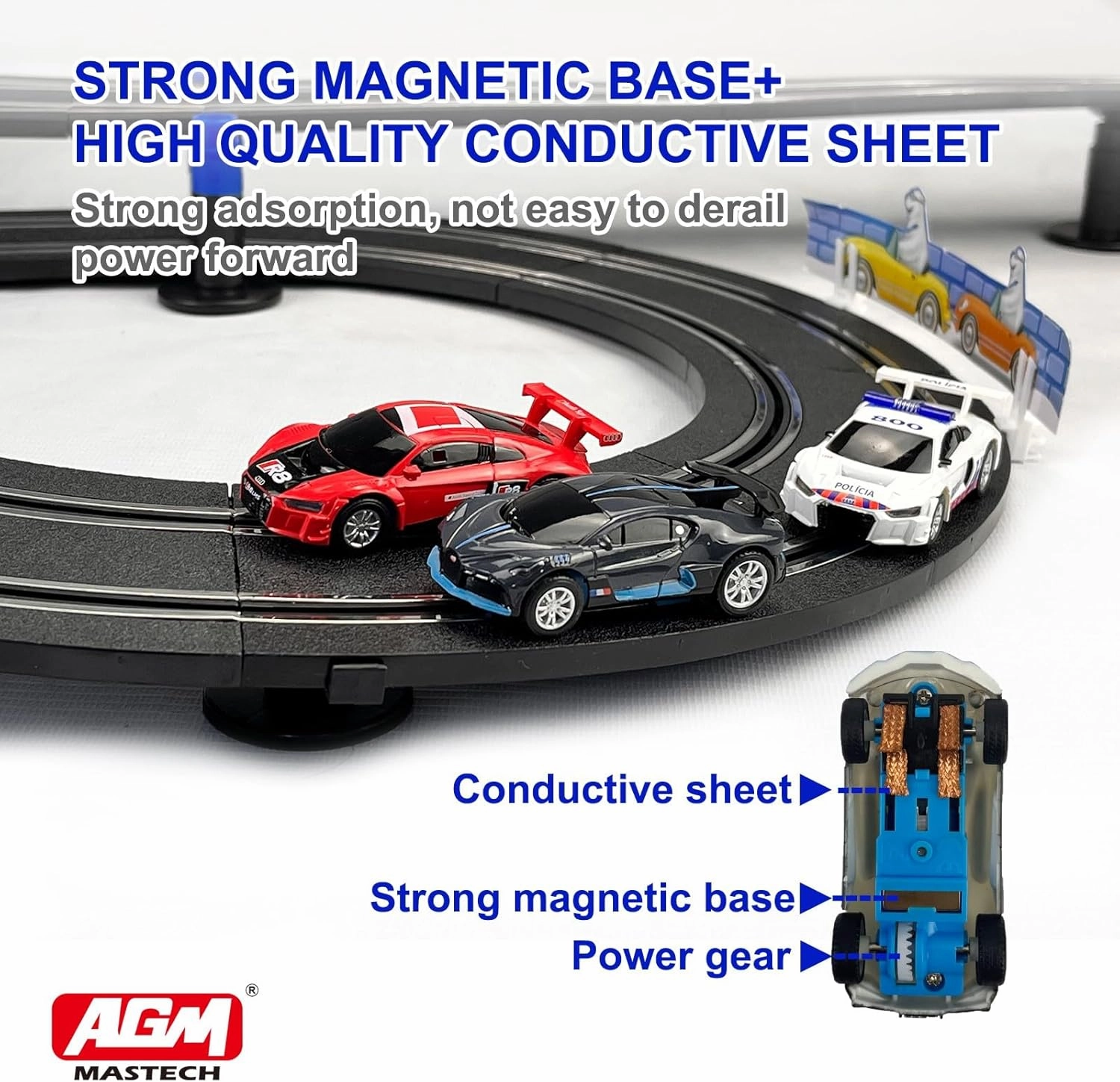 AGM MASTECH Slot Car Race Track Set, High Speed Series Tram Dual Track Set with 4 Licensed Racing Slot Cars, 2 Hand Controls, Track Parts and Lap Counter, 8.4M Long Track, Color Box