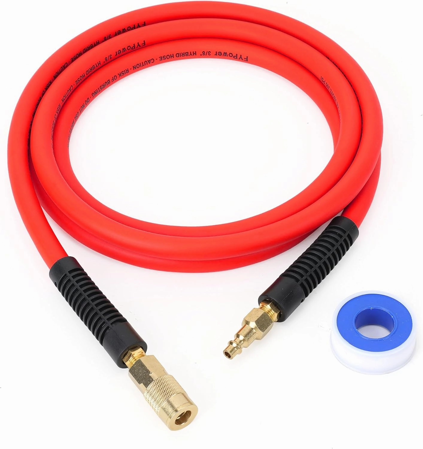 Air Compressor Whip Hose 3/8 Inch x 10 Feet Lead in Hybrid Hose with Fittings, Flexible and Kink Resistant, 1/4" Industrial Quick Coupler and Plug Kit, Red