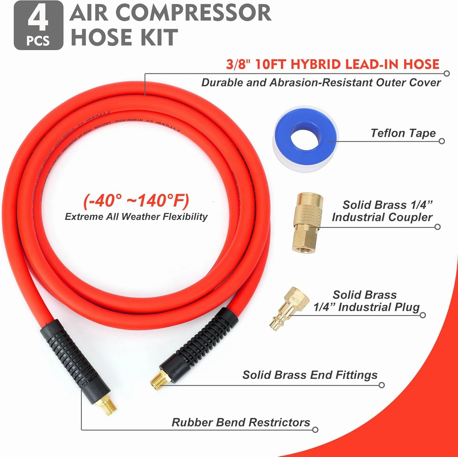 Air Compressor Whip Hose 3/8 Inch x 10 Feet Lead in Hybrid Hose with Fittings, Flexible and Kink Resistant, 1/4" Industrial Quick Coupler and Plug Kit, Red