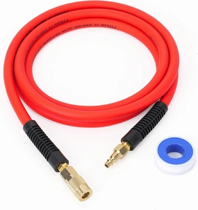 Air Compressor Whip Hose 3/8 Inch x 10 Feet Lead in Hybrid Hose with Fittings, Flexible and Kink Resistant, 1/4" Industrial Quick Coupler and Plug Kit, Red