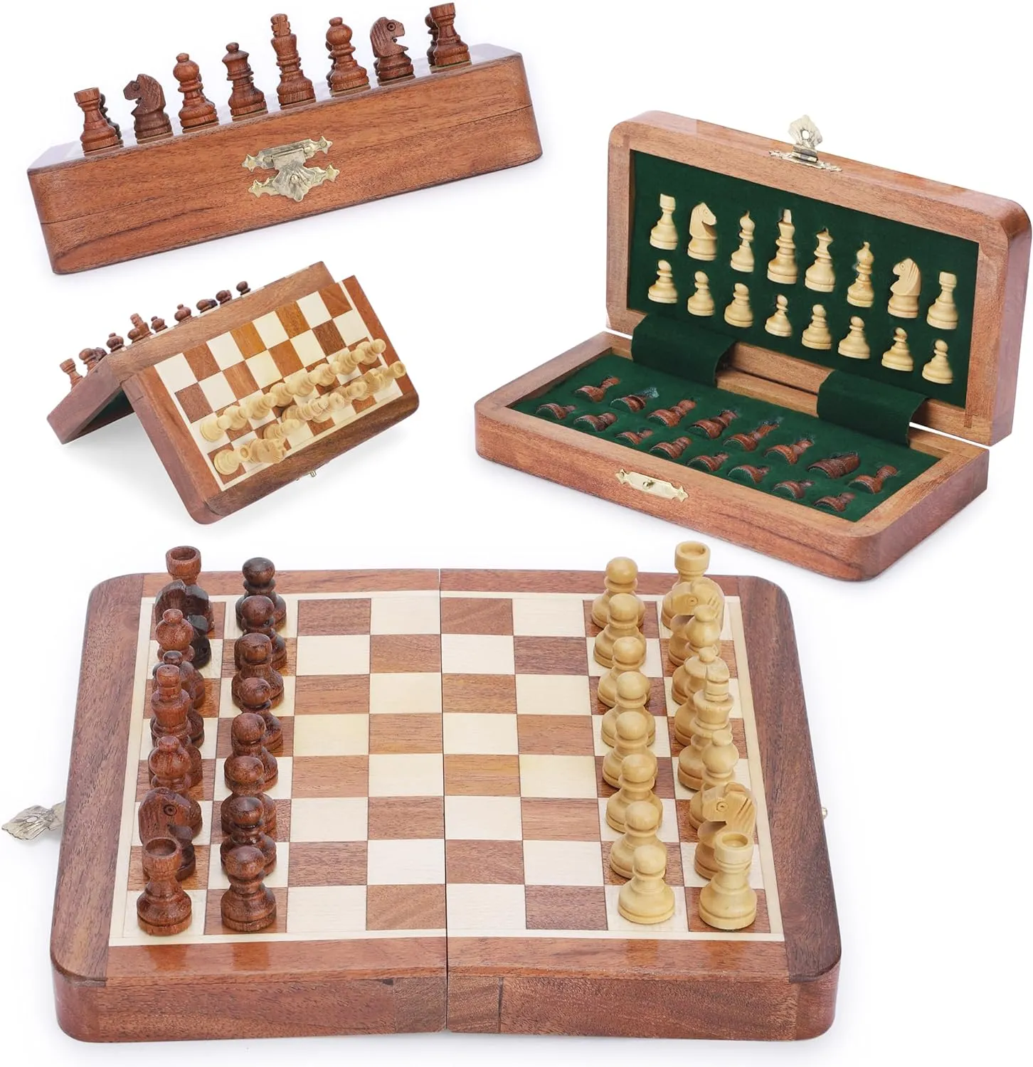 Ajuny Magnetic Travel Chess Set - Handcrafted Acacia Wood, Foldable Board with Elegant Storage Ages