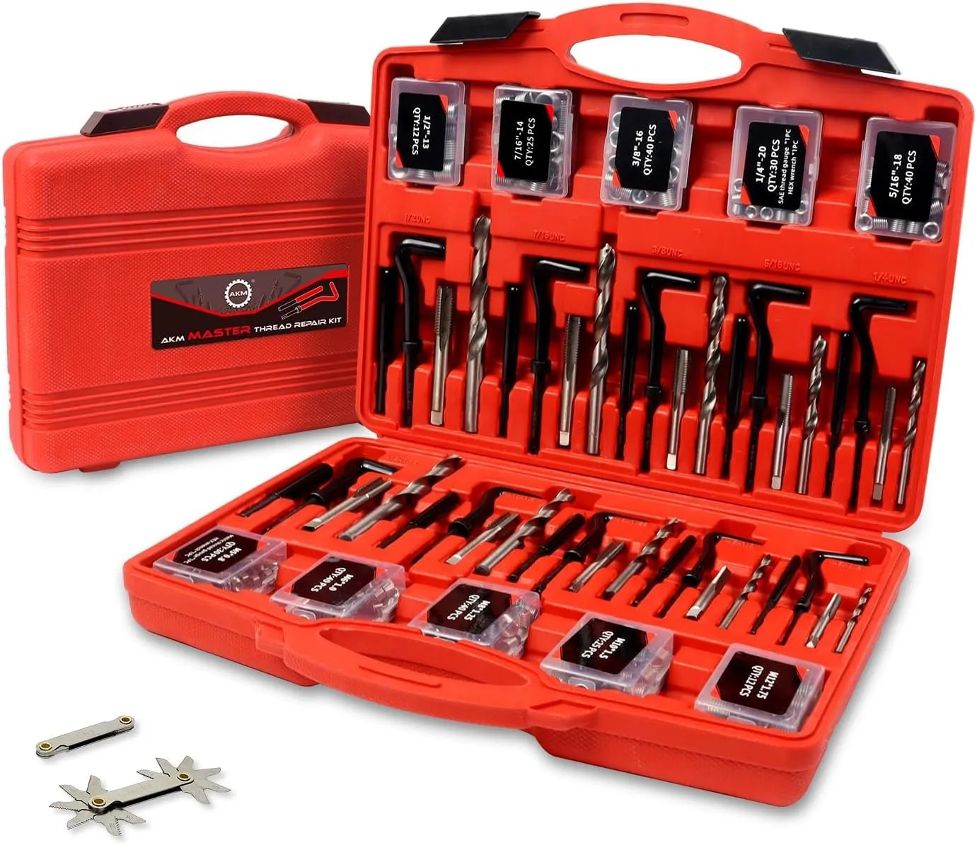 AKM 338Pc Thread Repair Kit, HSS Drill Helicoil Repair Kit SAE&Metric，1/4" 5/16" 3/8" 7/16" 1/2" M5 M6 M8 M10 M12 Kit with Thread Gauge