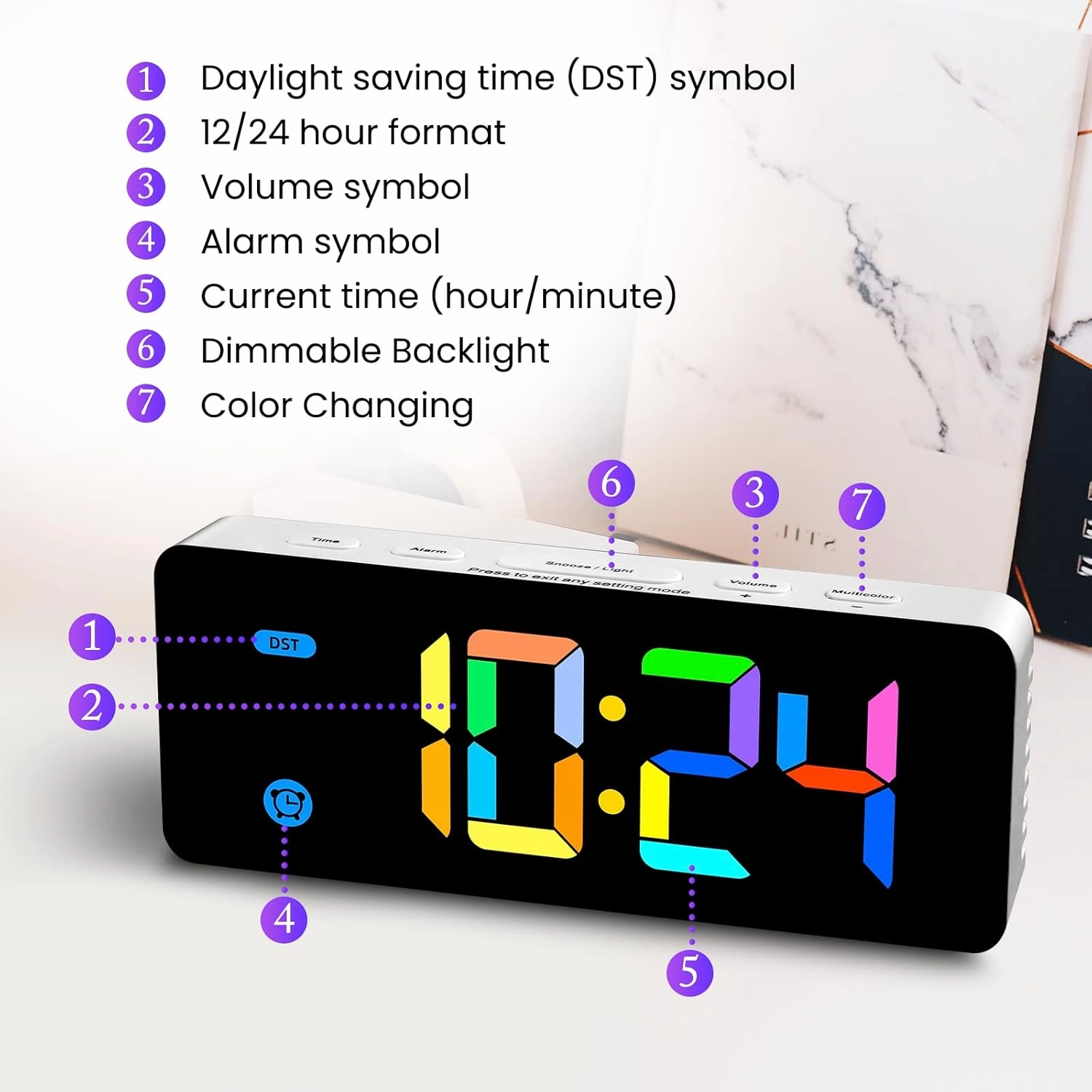 Alarm Clock for Kids -Digital Clock with 7 Color, 4 Dimmable Backlight & 3 Adjustable Volumes, 12/24 Hour, Snooze, Small Clocks for Classroom Bedroom