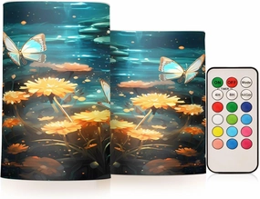 ALAZA Blooming Flowers with Butterflies Flickering Flameless Candles Battery Operated with Remote Timer,Tea Light Candles LED Pillar Votive Candles Set of 2 for Outdoor Indoor Decorations