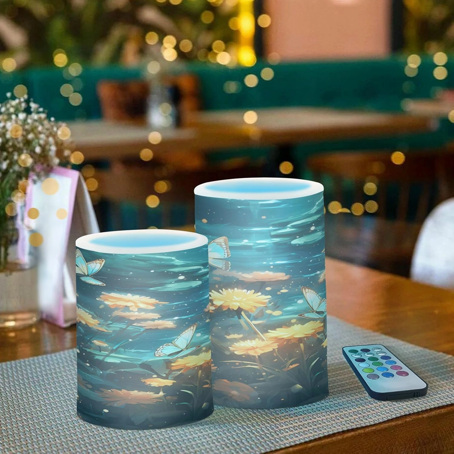 ALAZA Blooming Flowers with Butterflies Flickering Flameless Candles Battery Operated with Remote Timer,Tea Light Candles LED Pillar Votive Candles Set of 2 for Outdoor Indoor Decorations