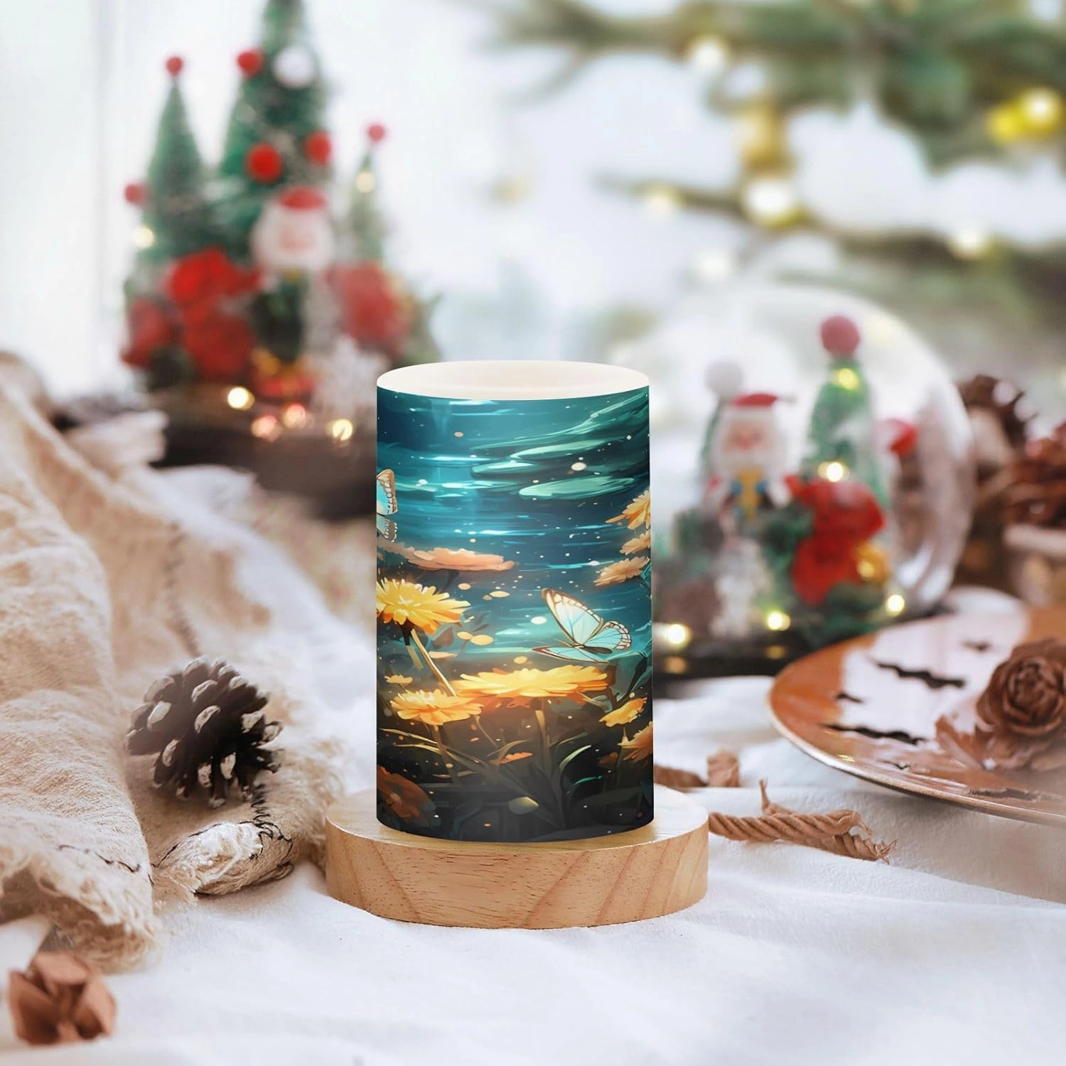 ALAZA Blooming Flowers with Butterflies Flickering Flameless Candles Battery Operated with Remote Timer,Tea Light Candles LED Pillar Votive Candles Set of 2 for Outdoor Indoor Decorations