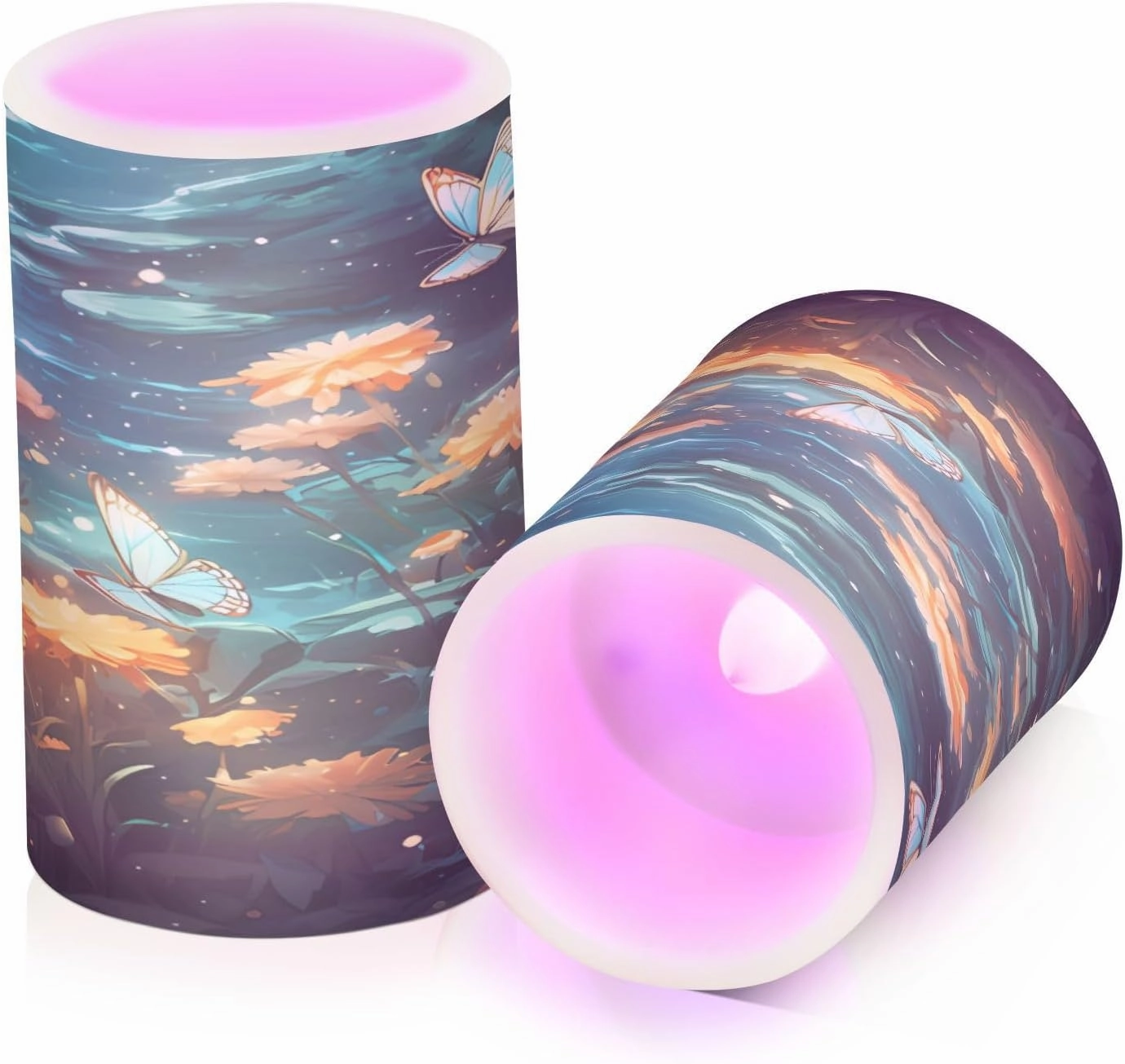 ALAZA Blooming Flowers with Butterflies Flickering Flameless Candles Battery Operated with Remote Timer,Tea Light Candles LED Pillar Votive Candles Set of 2 for Outdoor Indoor Decorations