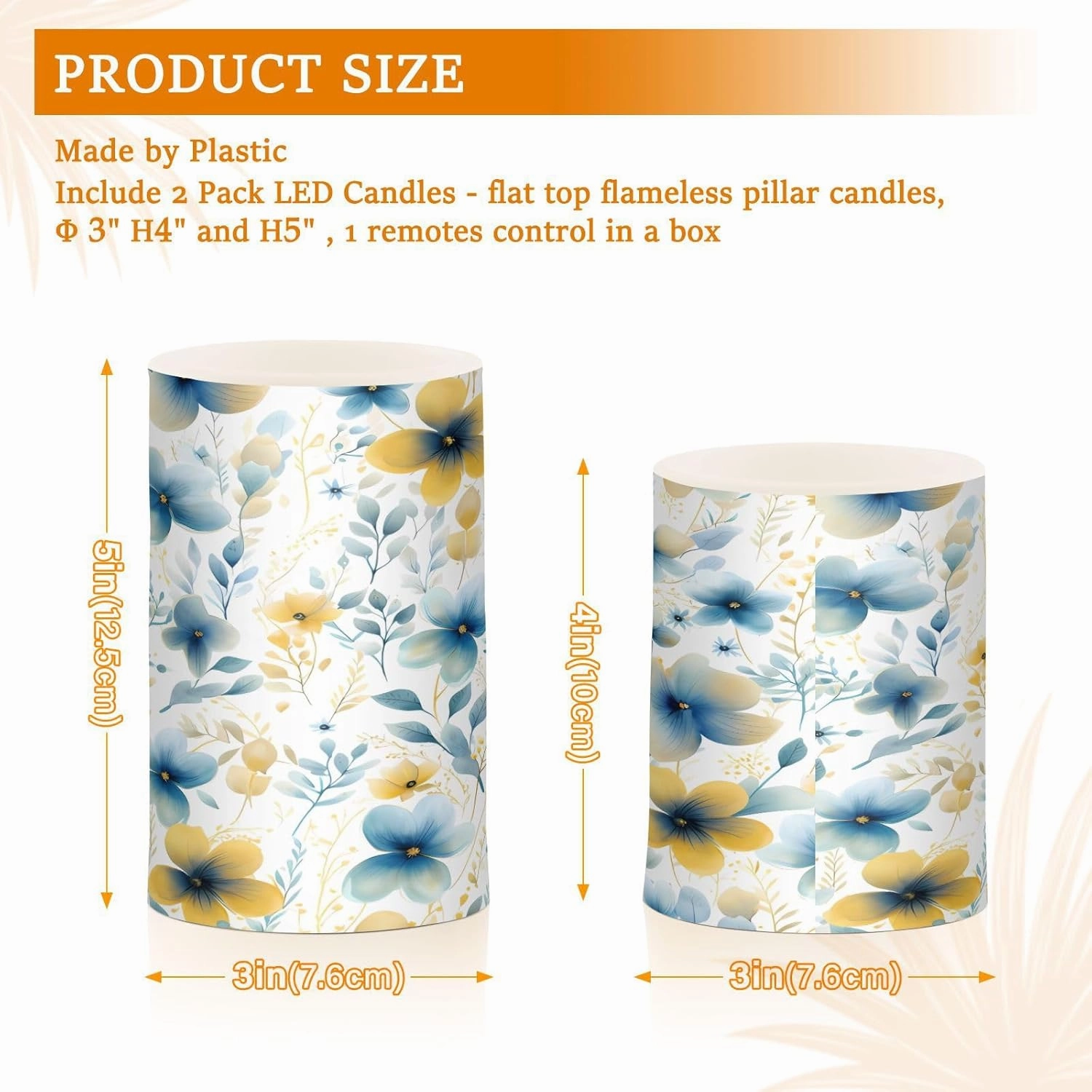 ALAZA Blue Yellow Flowers Flickering Flameless Candles Battery Operated with Remote Timer,Tea Light Candles LED Pillar Votive Candles Set of 2 for Outdoor Indoor Decorations