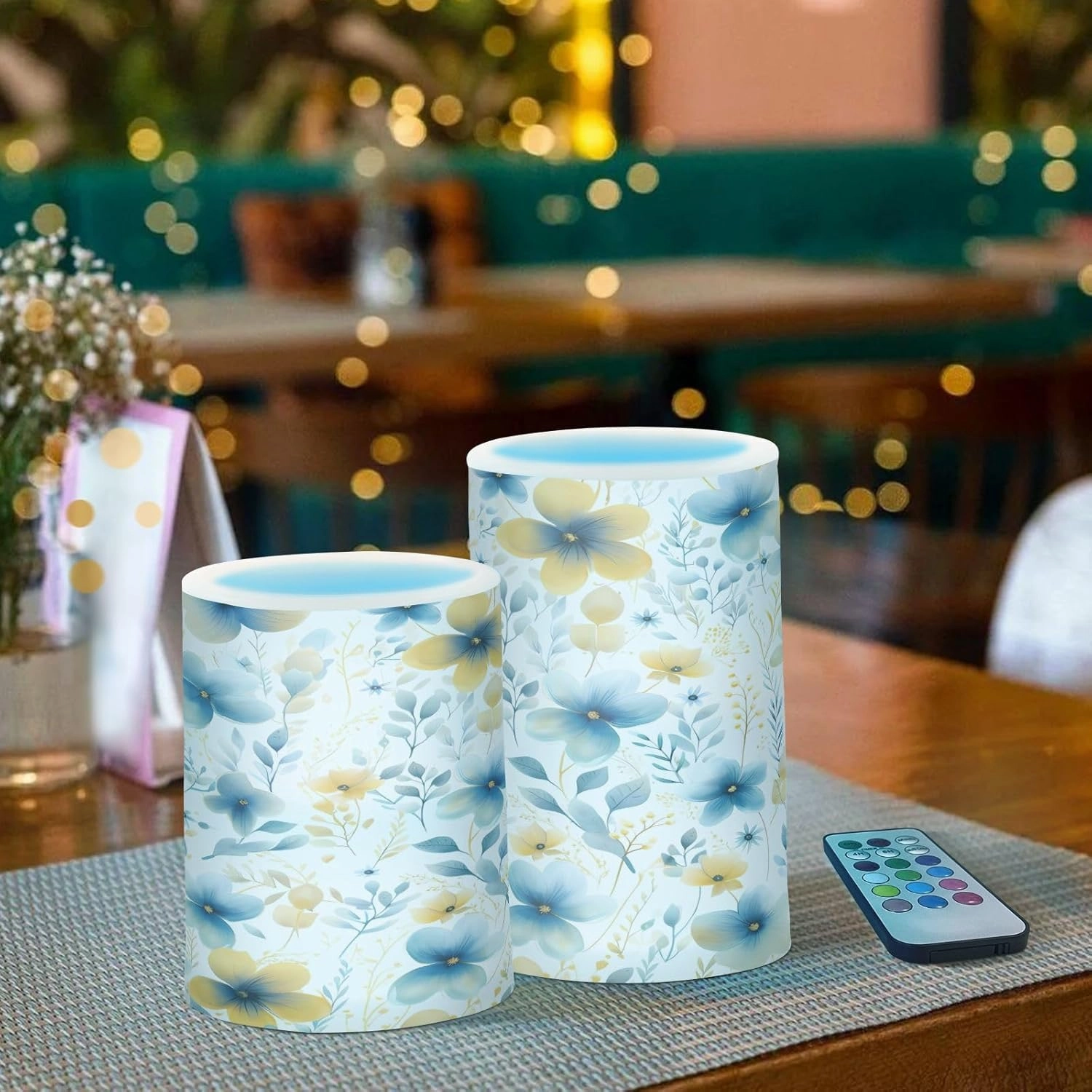 ALAZA Blue Yellow Flowers Flickering Flameless Candles Battery Operated with Remote Timer,Tea Light Candles LED Pillar Votive Candles Set of 2 for Outdoor Indoor Decorations