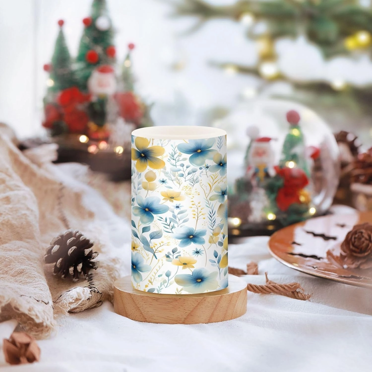 ALAZA Blue Yellow Flowers Flickering Flameless Candles Battery Operated with Remote Timer,Tea Light Candles LED Pillar Votive Candles Set of 2 for Outdoor Indoor Decorations