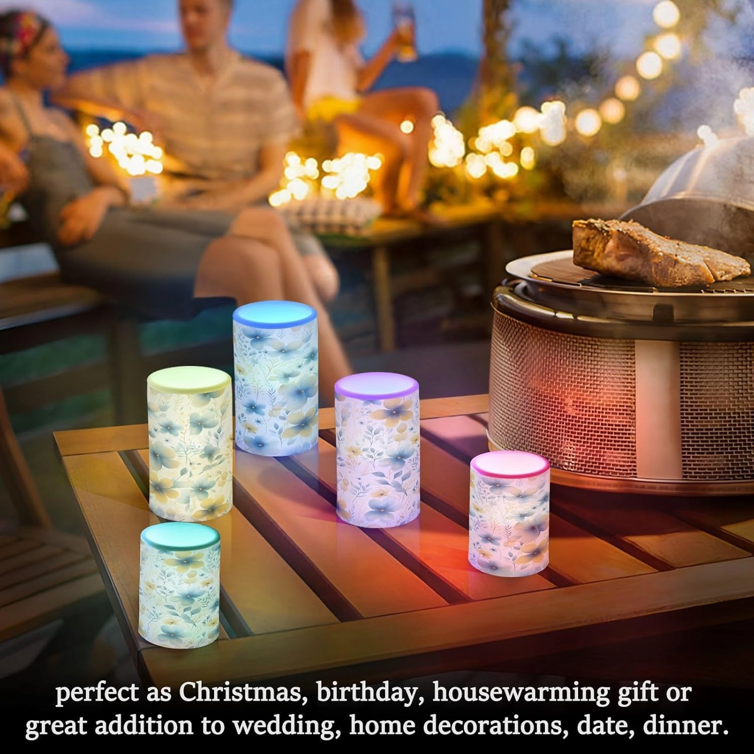 ALAZA Blue Yellow Flowers Flickering Flameless Candles Battery Operated with Remote Timer,Tea Light Candles LED Pillar Votive Candles Set of 2 for Outdoor Indoor Decorations