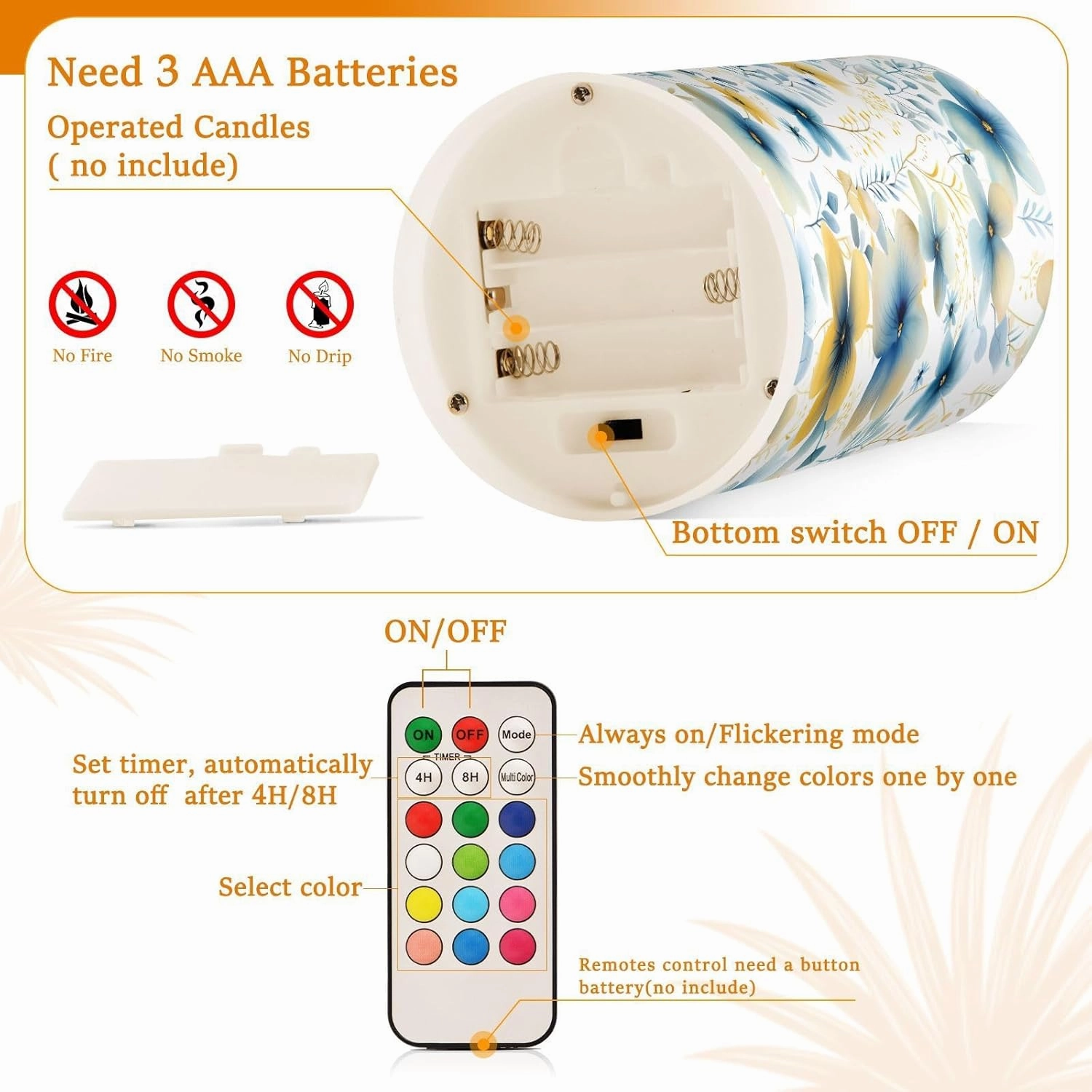 ALAZA Blue Yellow Flowers Flickering Flameless Candles Battery Operated with Remote Timer,Tea Light Candles LED Pillar Votive Candles Set of 2 for Outdoor Indoor Decorations