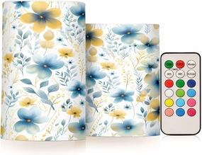 ALAZA Blue Yellow Flowers Flickering Flameless Candles Battery Operated with Remote Timer,Tea Light Candles LED Pillar Votive Candles Set of 2 for Outdoor Indoor Decorations