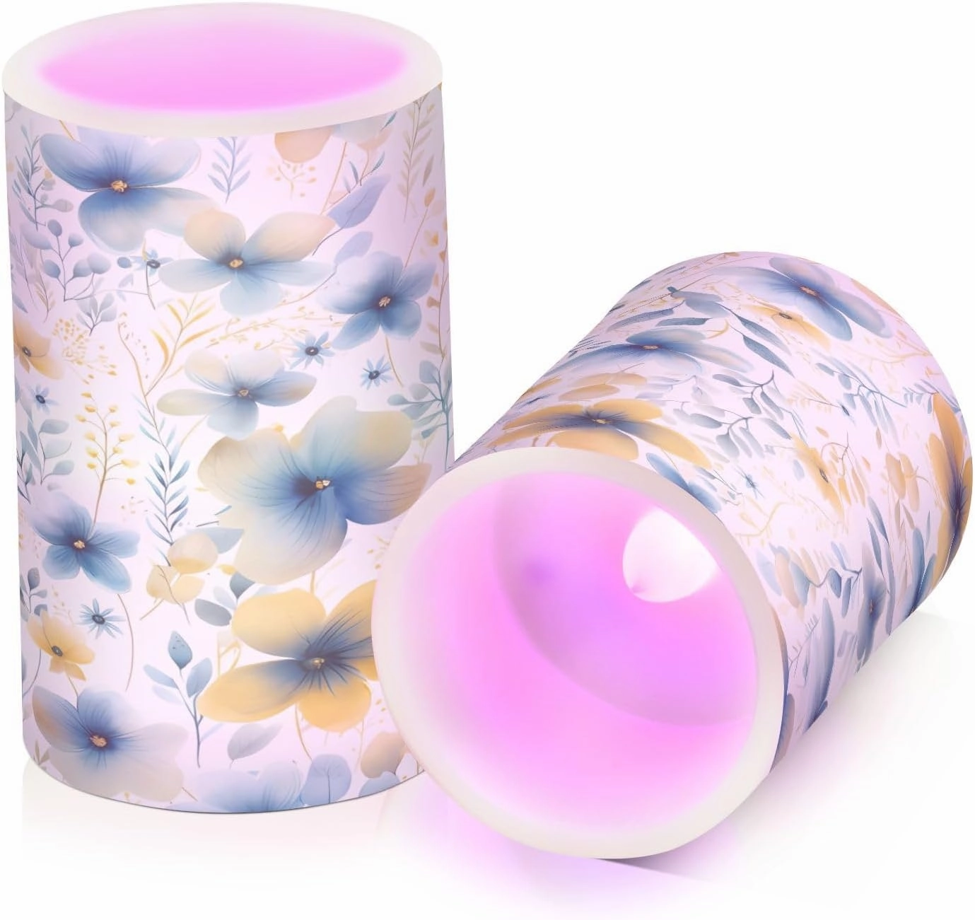 ALAZA Blue Yellow Flowers Flickering Flameless Candles Battery Operated with Remote Timer,Tea Light Candles LED Pillar Votive Candles Set of 2 for Outdoor Indoor Decorations