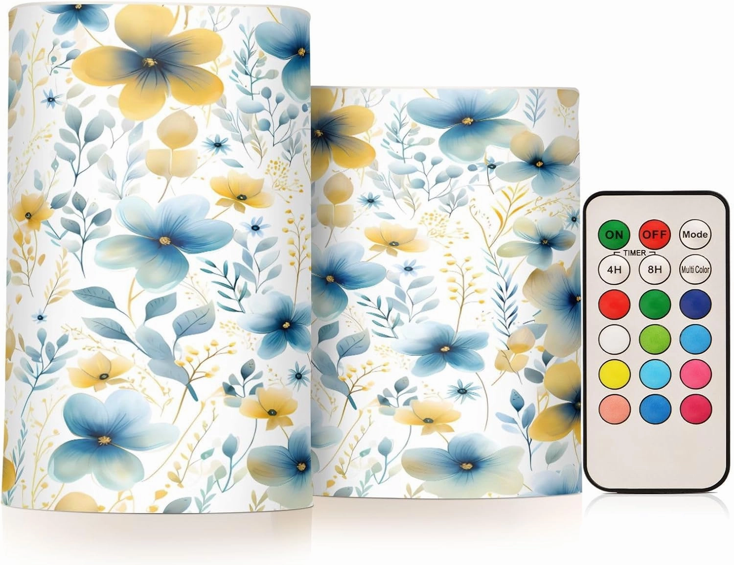 ALAZA Blue Yellow Flowers Flickering Flameless Candles Battery Operated with Remote Timer,Tea Light Candles LED Pillar Votive Candles Set of 2 for Outdoor Indoor Decorations