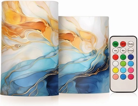 ALAZA Gold Blue Marble Flickering Flameless Candles Battery Operated with Remote Timer,Tea Light Candles LED Pillar Votive Candles Set of 2 for Outdoor Indoor Decorations