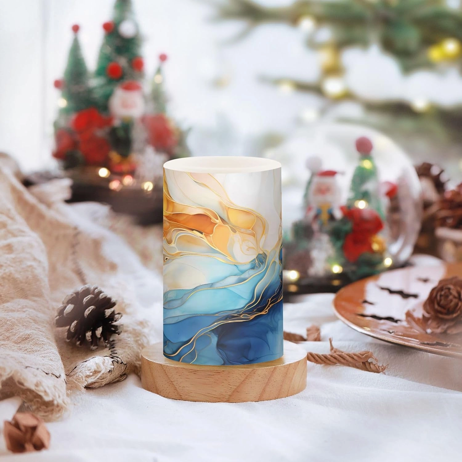 ALAZA Gold Blue Marble Flickering Flameless Candles Battery Operated with Remote Timer,Tea Light Candles LED Pillar Votive Candles Set of 2 for Outdoor Indoor Decorations