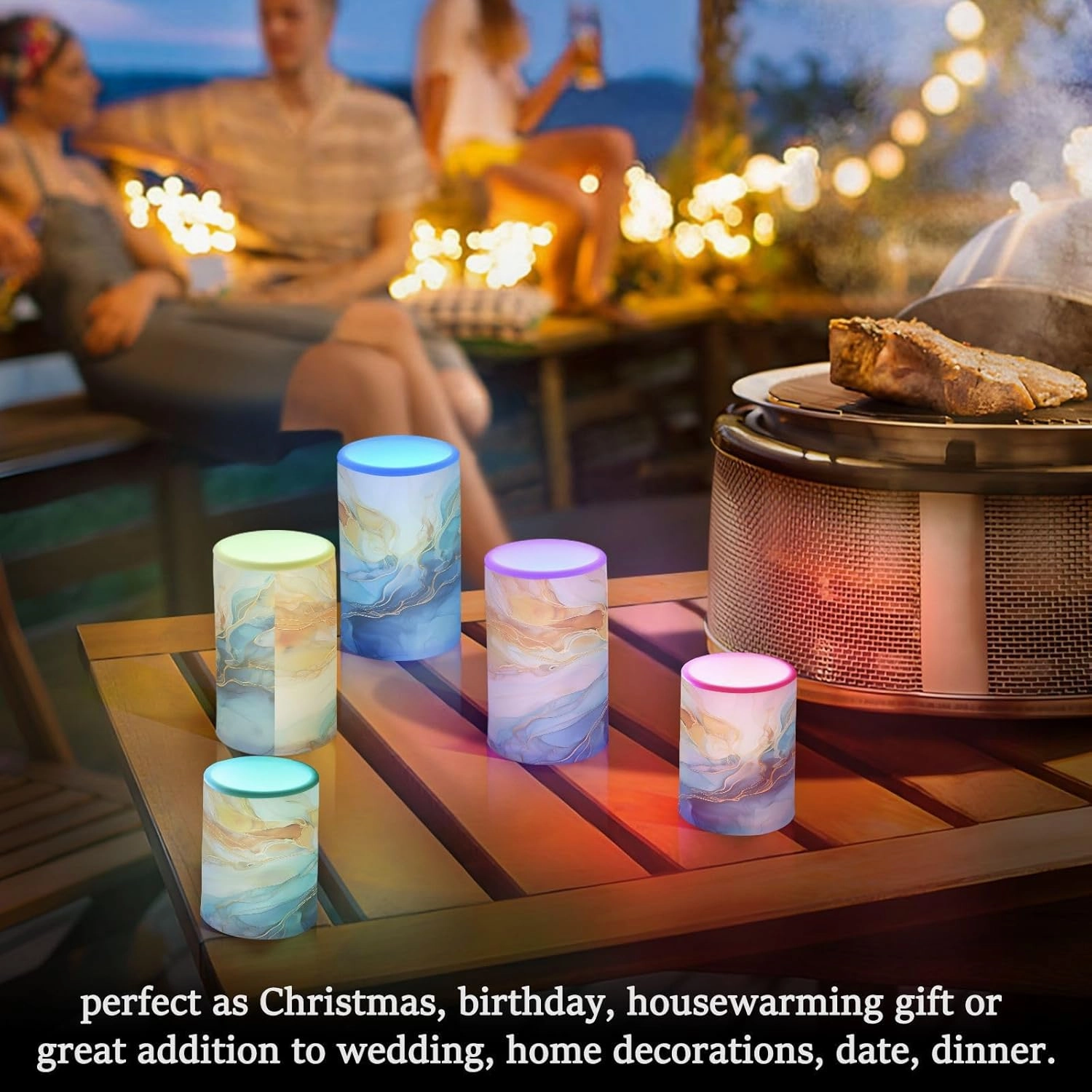 ALAZA Gold Blue Marble Flickering Flameless Candles Battery Operated with Remote Timer,Tea Light Candles LED Pillar Votive Candles Set of 2 for Outdoor Indoor Decorations