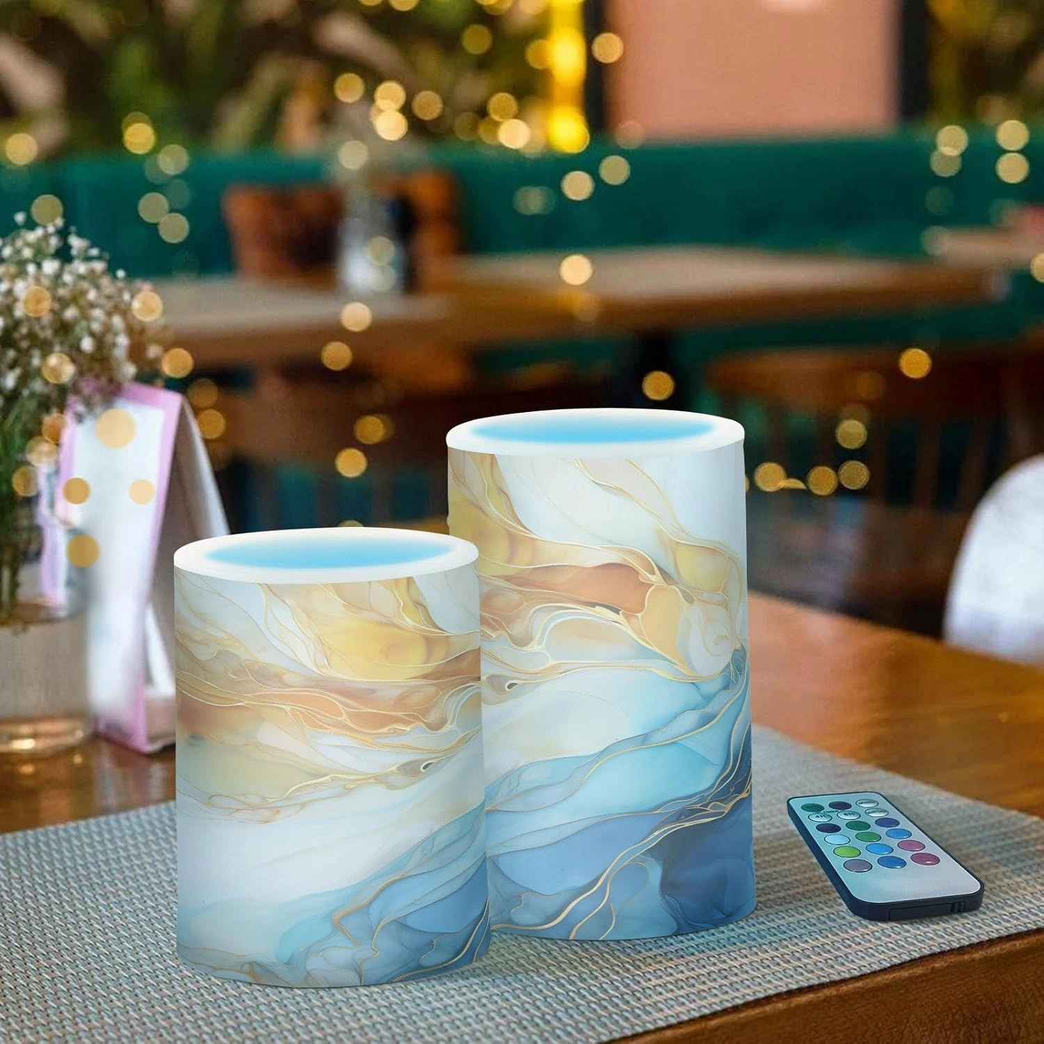 ALAZA Gold Blue Marble Flickering Flameless Candles Battery Operated with Remote Timer,Tea Light Candles LED Pillar Votive Candles Set of 2 for Outdoor Indoor Decorations