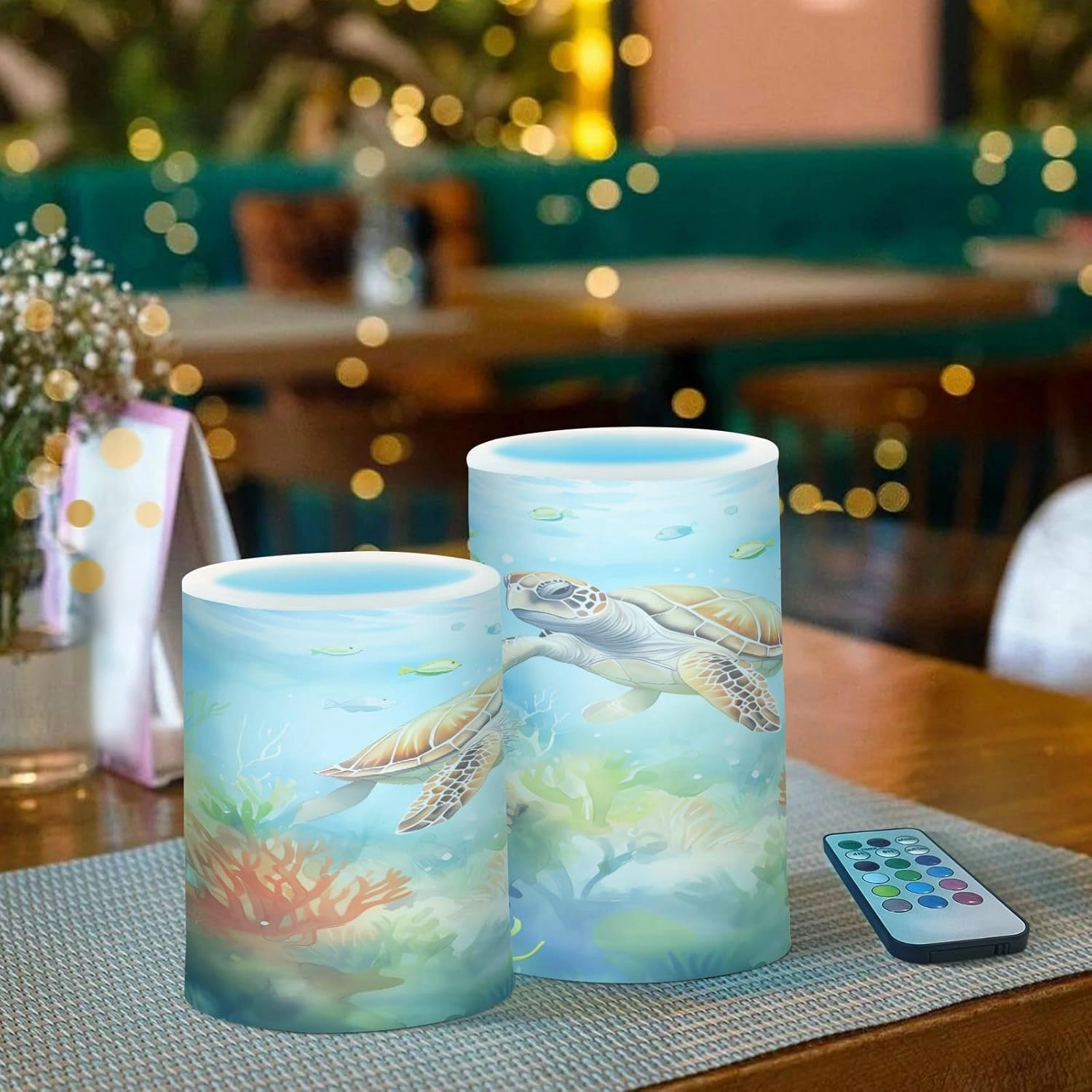 ALAZA Ocean Sea Turtle Fish Flickering Flameless Candles Battery Operated with Remote Timer,Tea Light Candles LED Pillar Votive Candles Set of 2 for Outdoor Indoor Decorations