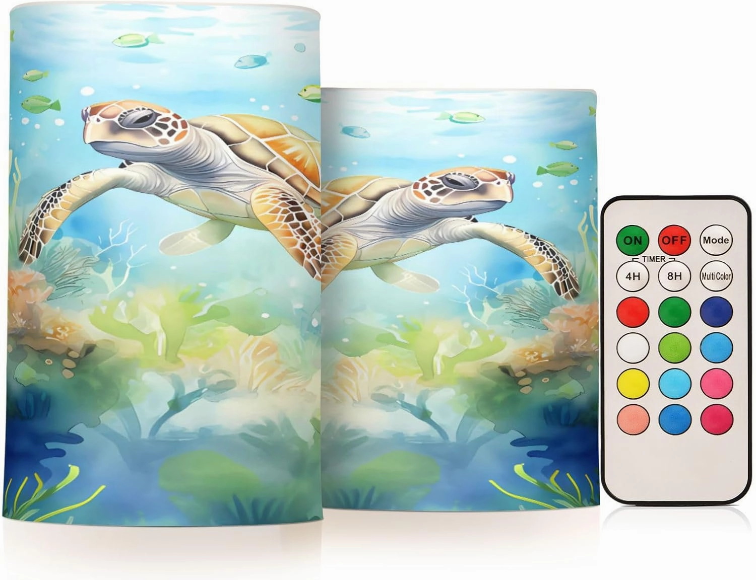 ALAZA Ocean Sea Turtle Fish Flickering Flameless Candles Battery Operated with Remote Timer,Tea Light Candles LED Pillar Votive Candles Set of 2 for Outdoor Indoor Decorations