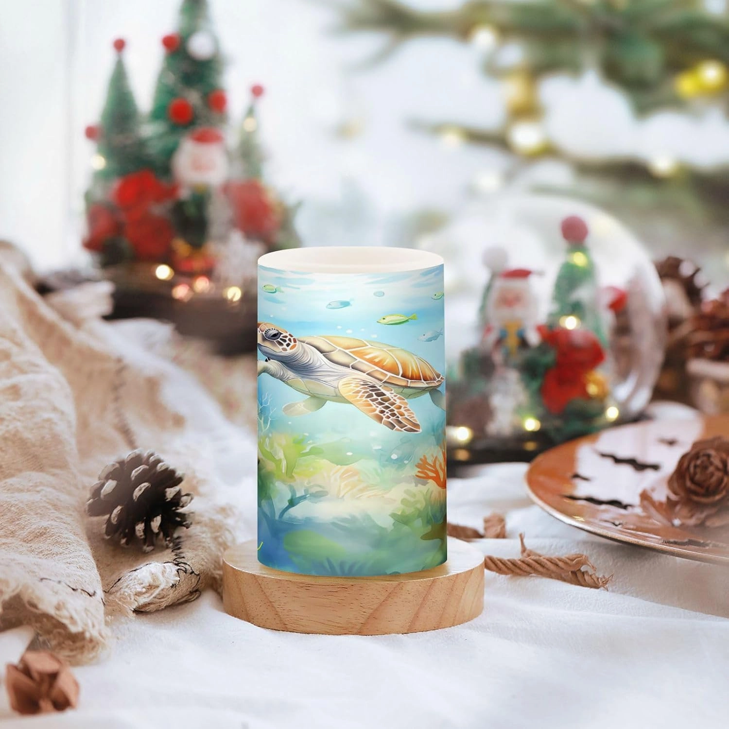 ALAZA Ocean Sea Turtle Fish Flickering Flameless Candles Battery Operated with Remote Timer,Tea Light Candles LED Pillar Votive Candles Set of 2 for Outdoor Indoor Decorations