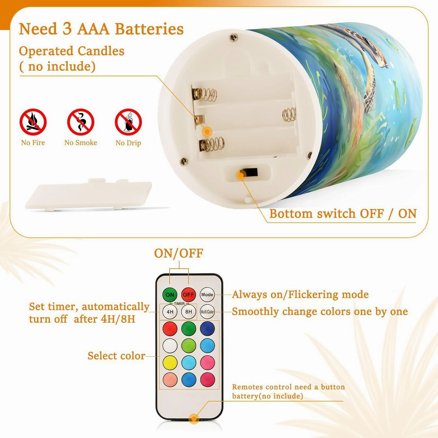 ALAZA Ocean Sea Turtle Fish Flickering Flameless Candles Battery Operated with Remote Timer,Tea Light Candles LED Pillar Votive Candles Set of 2 for Outdoor Indoor Decorations