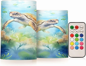 ALAZA Ocean Sea Turtle Fish Flickering Flameless Candles Battery Operated with Remote Timer,Tea Light Candles LED Pillar Votive Candles Set of 2 for Outdoor Indoor Decorations
