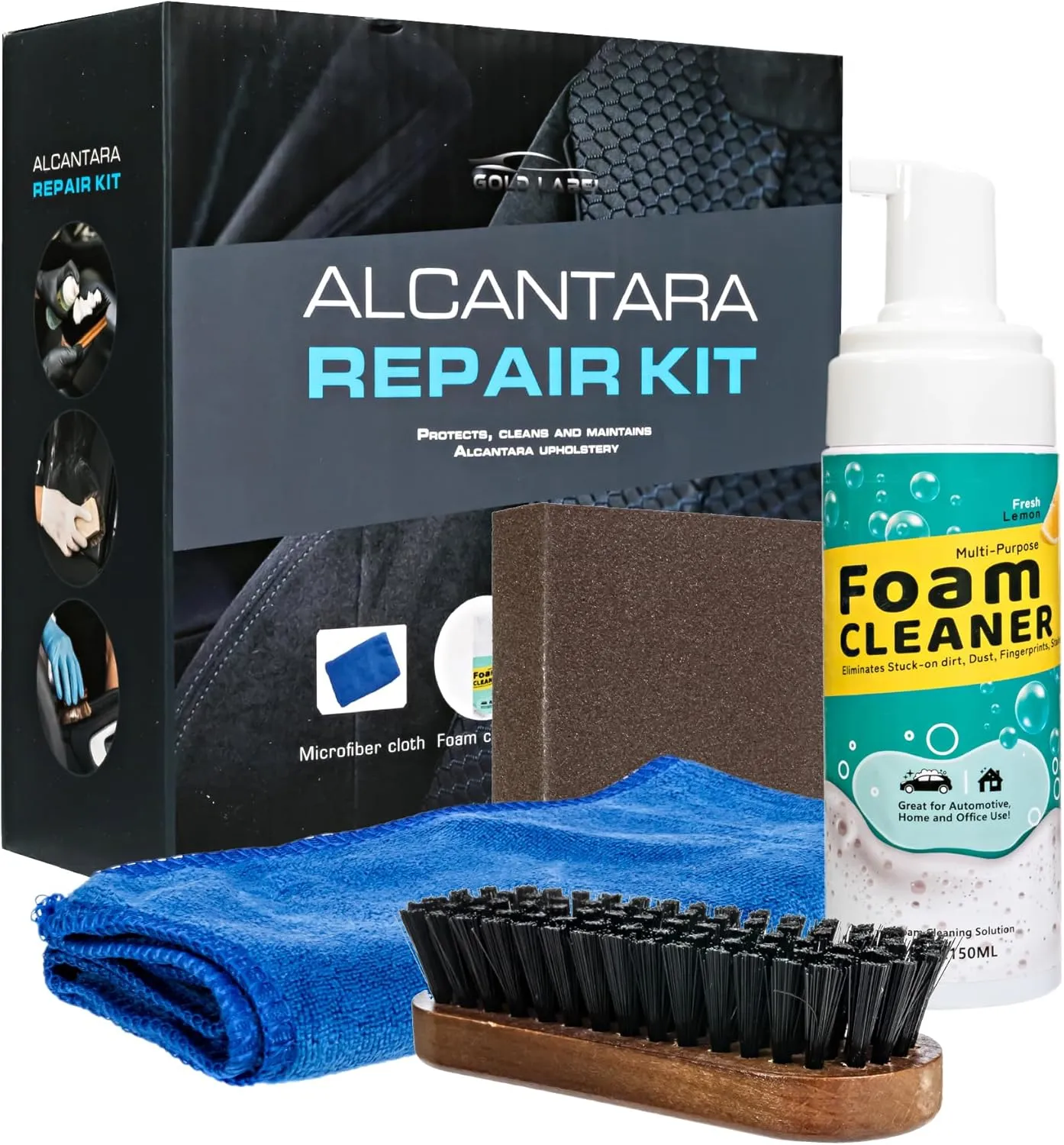Alcantara Upholstery Cleaning Kit for Cars, Furniture, and More - Includes Foam Cleaner, Brush, Sanding Block, and Microfiber Cloth